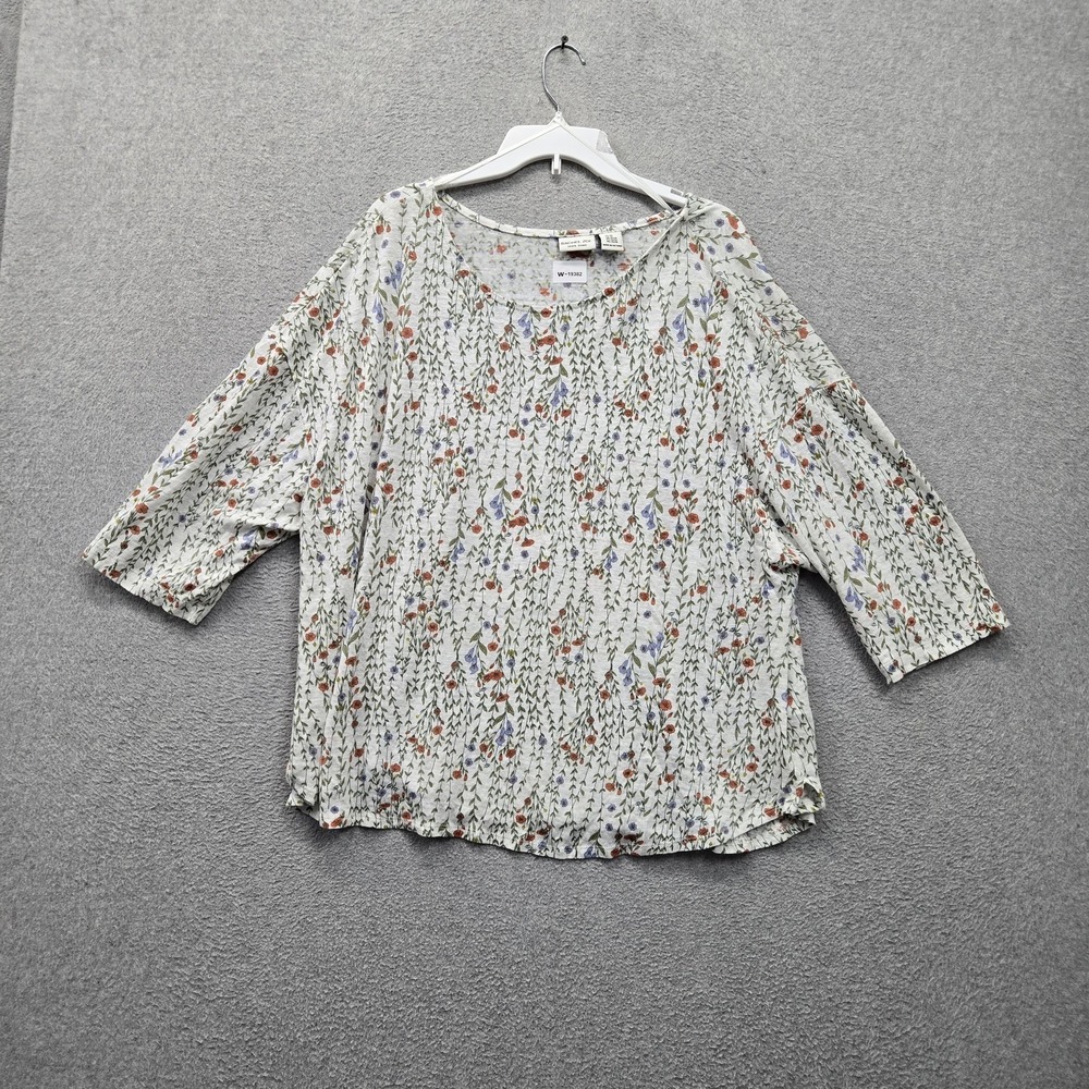 Rachel Zoe Women T Shirt 3X White Floral 100% Linen Cottagecore 3/4 Sleeve
